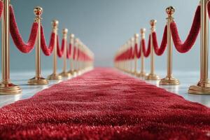 Red carpet leading to an awards stage with velvet rope barriers for a prestigious ceremony celebration inside a venue photo