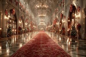 Elegant hallway decorated with Christmas trees and lights in festive atmosphere during winter celebration photo