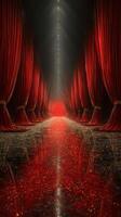 Dramatic red curtains create an elegant path leading to a mysterious glowing exit in an enchanting theater setting photo
