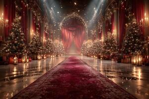 Festive hallway adorned with Christmas trees and glowing lights in an elegant venue during the holiday season photo