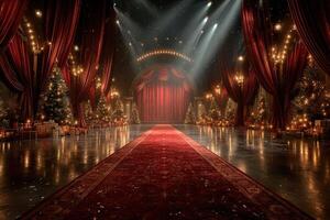 Holiday theater stage decorated with festive lights and Christmas trees in a winter wonderland setting photo