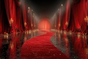 Red carpet runway staged for a glamorous event featuring dramatic lighting and elegant decor at night photo