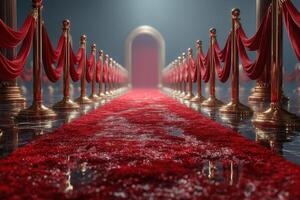 Red carpet leading to a grand archway illuminated by soft light in an elegant venue setting photo