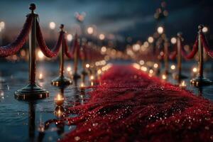 Elegant red carpet leading to a glamorous event at twilight with glowing lights and reflections on wet pavement photo