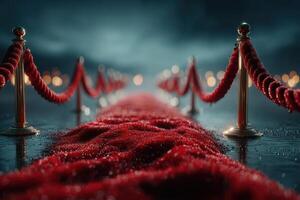 Luxurious red carpet lined with velvet ropes leading to a glamorous event at night with soft lighting photo