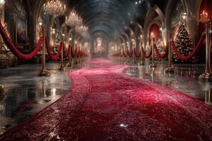 Elegant red carpet leading through a lavishly decorated hall with chandeliers and festive decor during a gala event photo