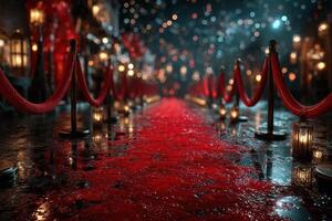 Elegant red carpet leading to a beautifully lit event space at night with decorative lanterns photo