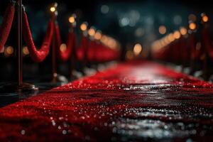 Elegant red carpet leading to event venue surrounded by soft lights and velvet ropes on a rainy night photo