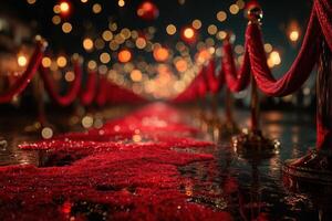 Elegant red carpet leading to a festive event at night with glowing lights and decorative ropes photo