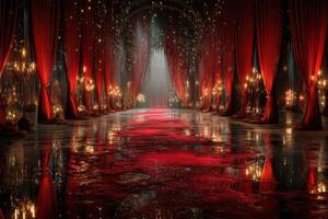 Elegant ballroom with red curtains and sparkling lights creating a magical atmosphere during a grand event at night photo