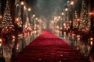 Elegant red carpet pathway lined with Christmas trees and lights on a rainy night photo