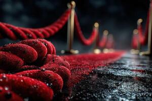 Red carpet lined with velvet ropes creates an elegant pathway for a glamorous event at night photo