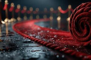 Elegant red carpet leads to a glamorous event with sparkling lights and golden stanchions in a sophisticated setting photo