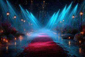 Bright lights illuminate a colorful pathway with glowing lanterns amidst a mystical atmosphere at night photo