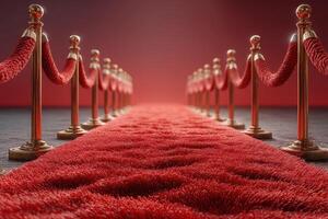 Elegant red carpet lined with stanchions and ropes creates a glamorous pathway for events photo