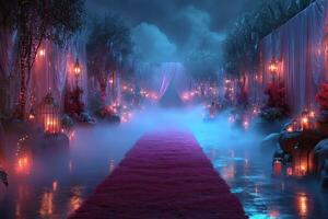 Elegant night pathway illuminated by candles and lanterns surrounded by fog and colorful decorations in a mystic garden setting photo