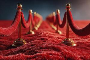 Luxurious red carpet lined with golden stanchions inviting guests to an elegant event photo