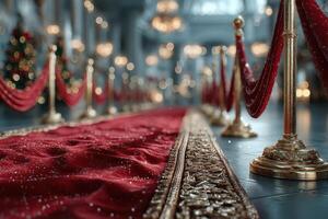 Elegant red carpet with rope barriers welcomes guests to a luxurious event during the holiday season photo