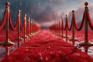 Red carpet setup with shiny posts and glistening rain in a dramatic outdoor setting during twilight photo