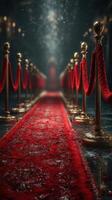 Luxurious red carpet lined with golden stanchions leading to an elegant venue during a glamorous event at night photo