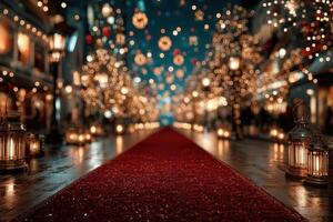 Festive night with a red carpet and glowing lanterns in a charming street photo