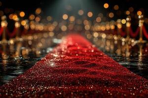 Glamorous red carpet leading to a luxurious event with sparkling lights and a festive atmosphere photo
