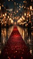 Elegant red carpet path illuminated by glowing street lamps at night during a festive occasion in a charming city photo