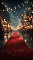 Elegant red carpet pathway adorned with festive lights during a winter evening celebration photo