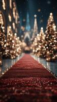 Elegant pathway lined with festive trees and twinkling lights during a winter evening celebration photo