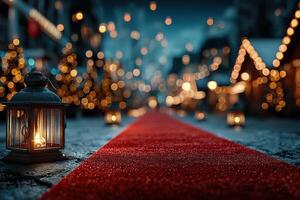 Holiday evening with glowing lanterns along a red carpet in a festive street lined with decorations and lights photo