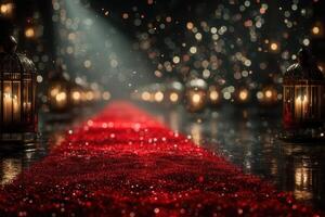 Elegant red carpet event illuminated by soft lights in a glamorous venue creating a magical atmosphere during a celebratory evening photo
