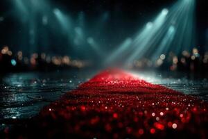 Elegant red carpet leading to a spotlight illuminated stage during a formal event at night photo