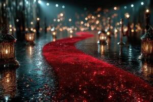 Glistening red carpet pathway illuminated by lanterns creates a magical atmosphere for a nighttime event photo