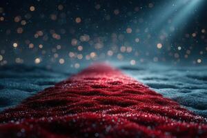 Red carpet path illuminated by soft light in a magical winter landscape with sparkling snow photo