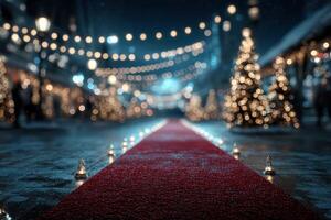 Red carpet lined with glowing lights in festive holiday setting at night, surrounded by decorated trees and soft reflections photo