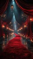Lavish red carpet lined with candles and chandeliers in an elegant venue at dusk photo