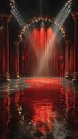 Dramatic theater stage with red curtains and lighting creating a reflective atmosphere photo