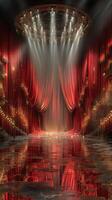 Beautiful theater stage with red velvet curtains and dramatic lighting in an elegant setting photo