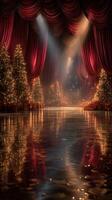 Festive stage decorations with beautiful lights and reflections creating a magical atmosphere for winter celebrations photo