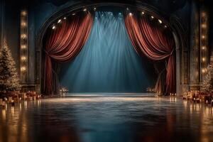 Stage ready for a grand performance with elegant curtains and festive decor during twilight photo