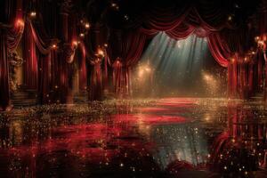 Enchanting theater stage illuminated by soft lights with sparkling elements and dramatic curtains photo