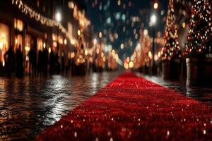 Festive red carpet event with twinkling lights and holiday decorations in a bustling city street at night photo