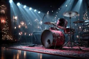 Vibrant music stage with drums ready for performance in an intimate venue photo