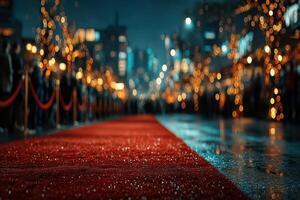 Red carpet event showcasing glimmering lights and a festive atmosphere in the city at night photo