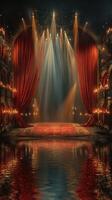 elegante teatro etapa iluminado por suave luces y adornado con Rico rojo cortinas a noche foto