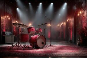 Drum set ready for performance in an atmospheric venue with dramatic lighting and a vintage vibe photo