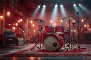 Drumming setup in a vintage music venue with warm lighting and atmospheric ambiance photo