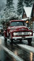 Vintage red truck transports Christmas tree through snowy street in small town during winter season photo