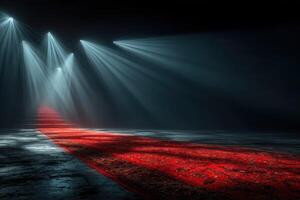 Bright lights illuminate a red carpet leading to a mysterious staircase in a darkened space during an evening event photo