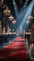 Elegant holiday gala decor with red carpet and twinkling lights in a lavish venue photo